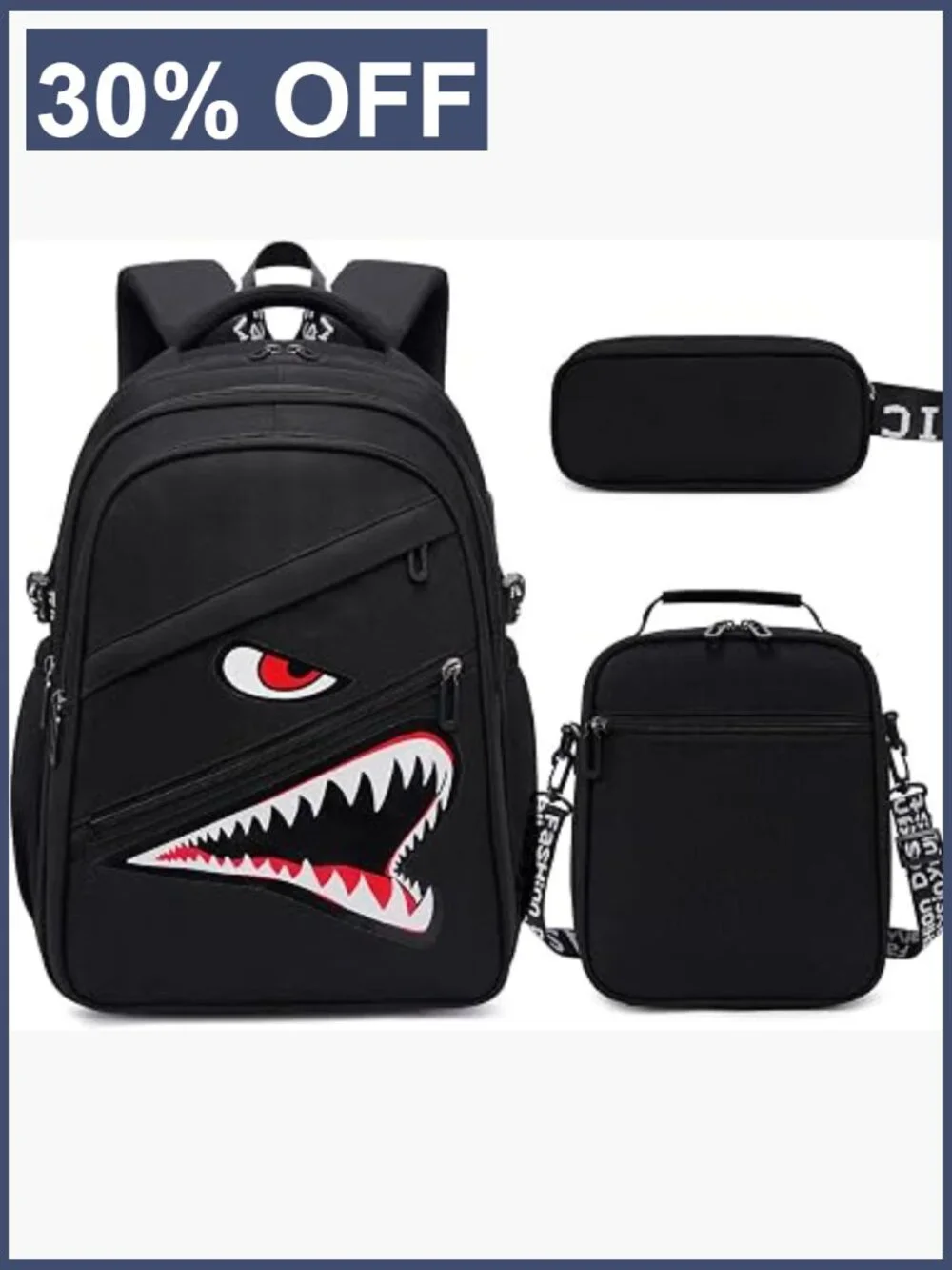Boys Shark Backpack Set with Lunch Bag & Pencil Case Glow Bookbag Waterproof